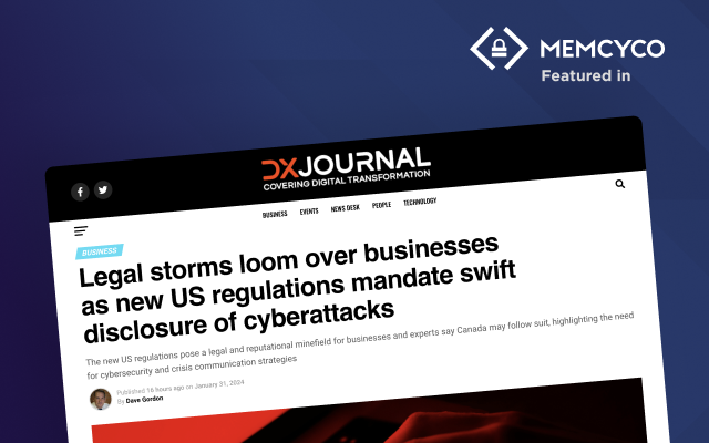 A DX Journal article headline explores new US regulations mandating swift disclosure of cyberattacks, with a Memcyco “Featured in” badge displayed in the top right corner.